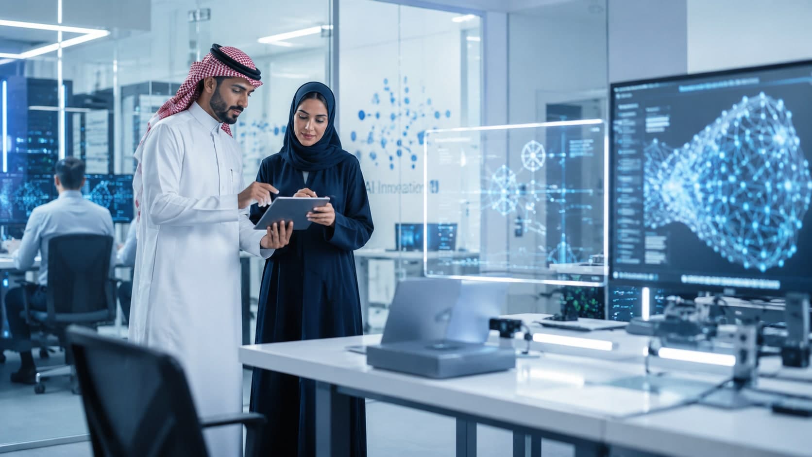 Specialists reviewing data in an artificial intelligence facility