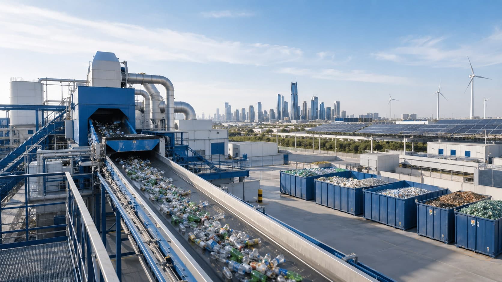 A recycling facility with wind turbines and a city skyline beyond