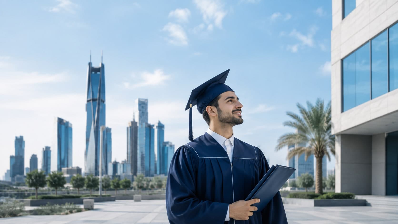 A graduate in cap and gown before a city skyline