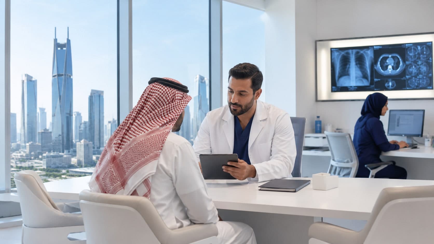 A doctor reviewing results with a patient in a modern clinic